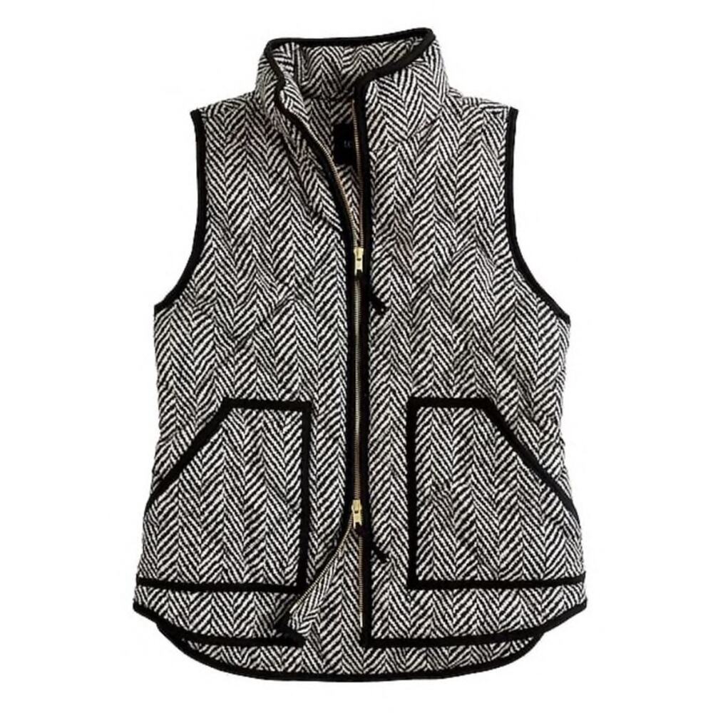J Crew Excursion Quilted Herringbone Down Puffer Vest Full Zip Black + White XS